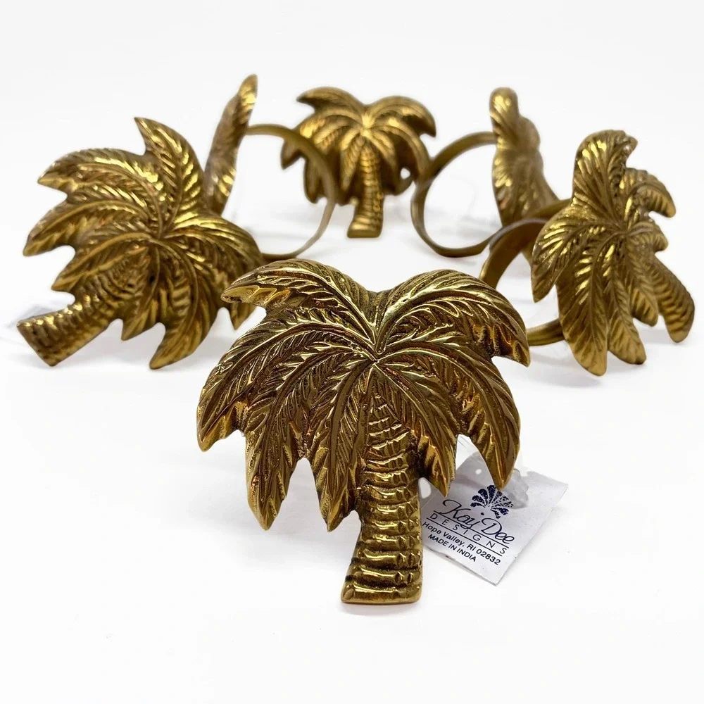 Palm Tree Napkin Rings Brass Set Of 6 Table Setting Decor Beach Tropical NEW